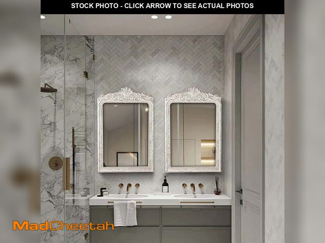 Lot 74-13765283 - Sintosin Vintage Wall Mirror, Distressed White Rustic Arched Design, 24" x 36", Ornate Baroque Bathr...