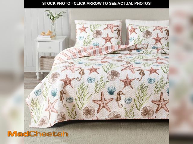 Lot 74-12531841 - King Coastal Quilt Bedding Set, Summer Coastal Quilt with Shams, Beach 3-Piece Reversible All Season...