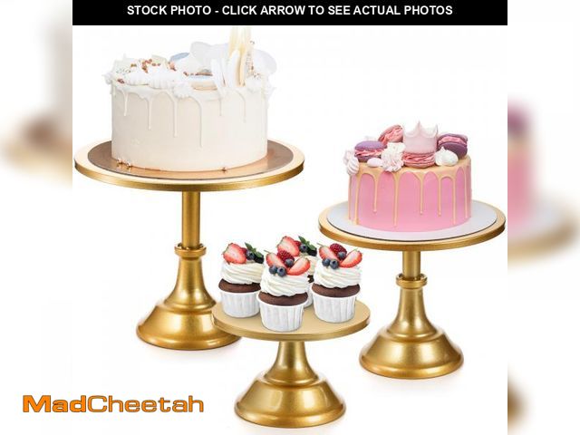 Lot 74-12053415 - yarlung 3 Pack Gold Cake Stands, 8/10/12 Inch Metal Cupcake Display Stand Pillar Style Dessert Stand...