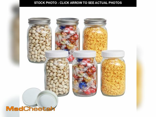 Lot 74-12702323 - Jumterlee 6 Pack 32 oz Mason Jars, Wide Mouth Mason Jars with Lids and Bands and 6 White Plastic Mas...