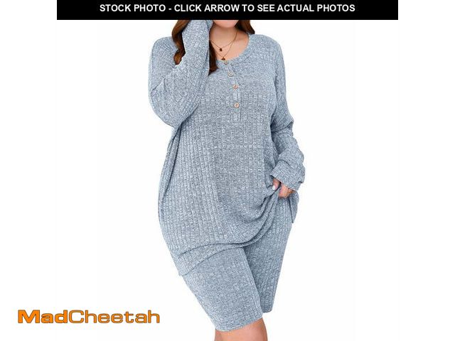 Lot 74-13781273 - SHOWMALL Women Plus Outfit Sets 2 Piece Matching Loungewear Light Blue 3X Ribbed Knit Sets T-shirt B...