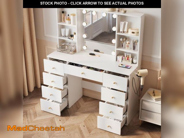 Lot 74-12205624 - Linsy Home Large 47.2" Makeup Vanity With Mirror And 11 Lights, Vanity Desk with 9 Drawers &amp; 2 A...