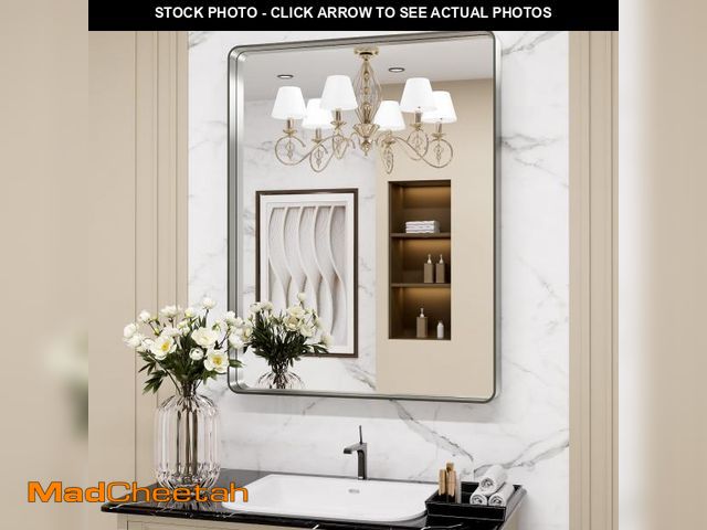 Lot 74-12161865 - LOAAO 30X36 Inch Brushed Nickel Bathroom Mirror, Rounded Rectangle Silver Metal Frame Mirror, Brushe...