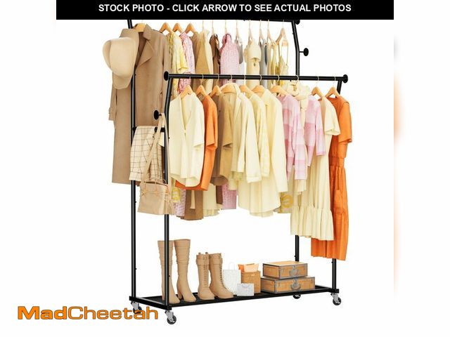 Lot 74-12971410 - Double Rods Clothes Rack, Rolling Clothing Rack for Hanging Clothes with Hooks&amp;Mesh Shelf, Porta...