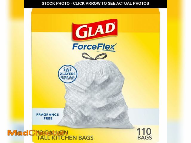 Lot 74-13991221 - Glad ForceFlex Tall Kitchen Drawstring Trash Bags, 13 Gal, Fragrance Free, 110 Ct (Package May Vary)...