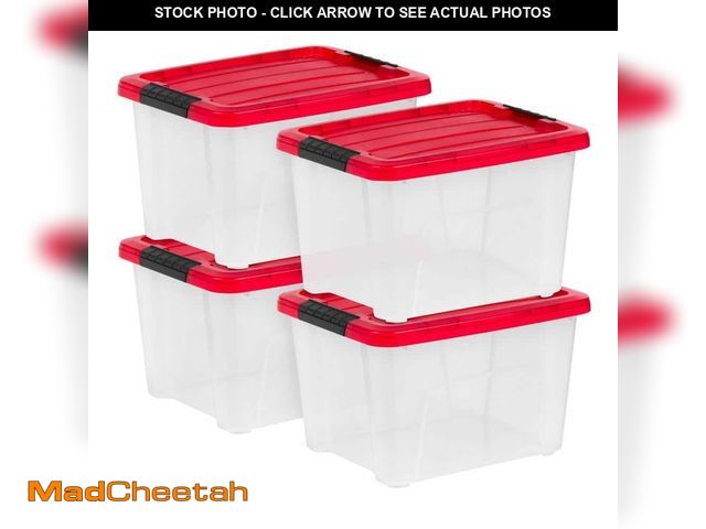 Lot 74-12804405 - *MISSING ONE LID* IRIS 20.5 Qt./5.1 Gal. Stackable Storage Bin with Latches, Clear/Red (4-Pack) *MIS...