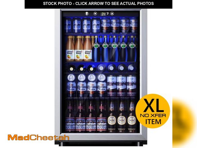 Lot 74-13692481 - SIMZLIFE 20.3 in Single Zone 145-Cans Freestanding Beverage and Wine Cooler in Black, Glass Door, Ad...