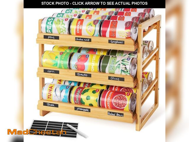 Lot 74-12719270 - Yumkfoi Bamboo Can Organizer for Pantry, 3 Tier Stackable Can Storage Organizer Pantry with Label St...