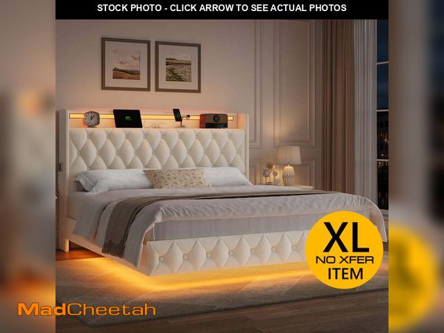 Lot 74-13766873 - Hiphuta Full Size Floating Upholstered Beds with LED Lights, Velvet Leather Sturdy Platform Bed with...
