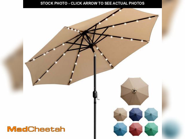 Lot 74-14435362 - Sun-Ray 9 FT 32 LED Patio Solar Umbrella w/ Push Button Tilt and Crank Outdoor Umbrella Taupe - UNUS...
