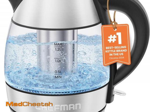 Lot 74-12136853 - CHEFMAN Electric Kettle - 1.2L 1500W Hot Water Tea Pot with Infuser, BPA Free, Auto Shut Off, Boil-D...
