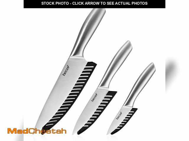 Lot 74-12712730 - hecef Silver Kitchen knife set of 3, Satin Finish Blade with Hollow Handle, includes 8" Chef, 5" Uti...