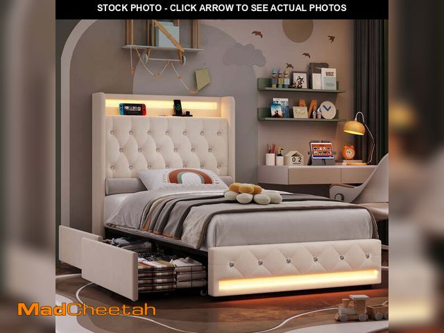 Lot 74-10618445 - Homfa Twin Size LED Bed Frame with Outlets and USB Ports, 4 Storage Drawers Modern Wingback Crystal ...