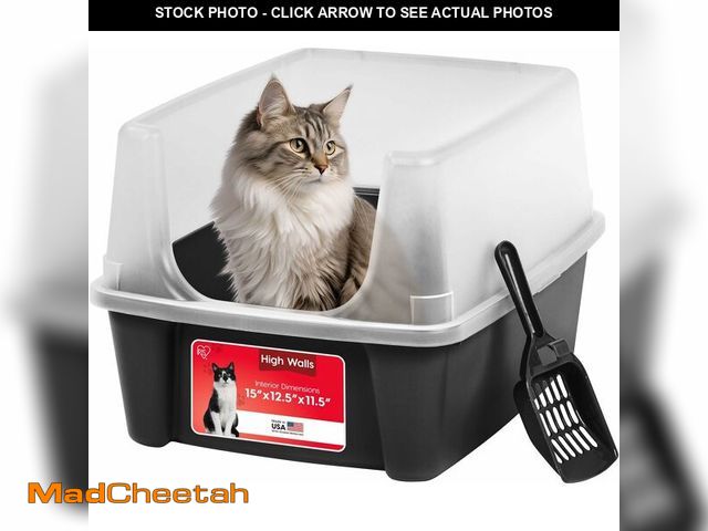 Lot 74-14067358 - IRIS USA Large Cat Litter Box with Scatter Shield and Scoop, Open Top High Sided Cat Litter Pan, Bla...