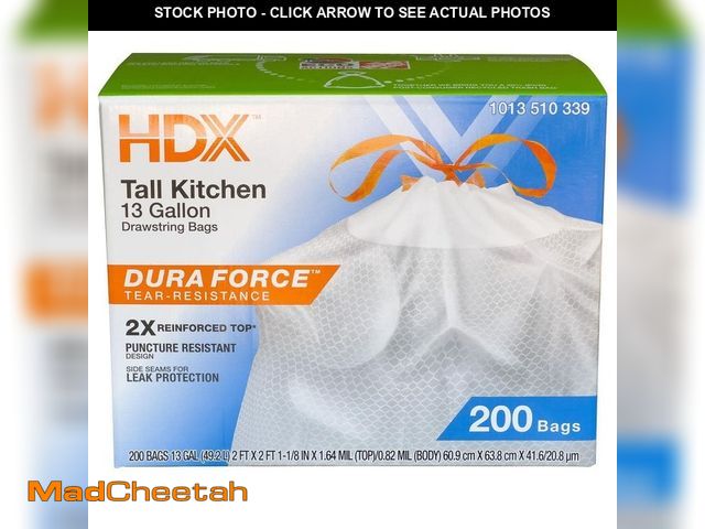 Lot 74-14242970 - HDX 13 Gallon Reinforced Top Drawstring Unscented Kitchen Tall Trash Bags with 20% PCR (200-Count) -...