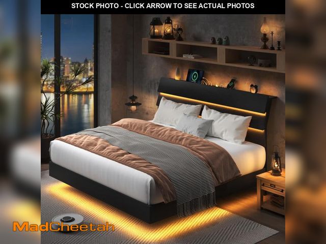 Lot 74-12386129 - Feonase Floating Bed Frame King with Led Lights and Charging Station, Wood Full Size Bed Frame with ...