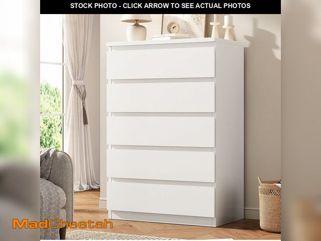 Lot 74-14370041 - Orgobysol White 5 Drawer Dresser for Bedroom, 15" D x 23.7" W x 40.4" H in Modern Chest of Drawers, ...