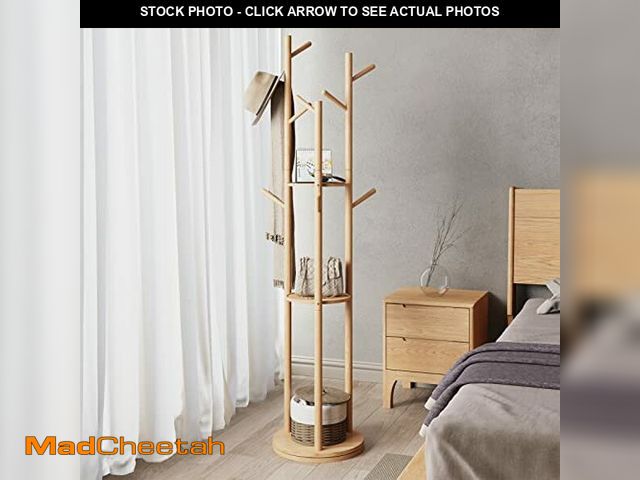 Lot 74-10824626 - KungFuWood Coat Rack, Solid Wood Rotary Coat Rack Stand, Freestanding Coat Rack with 3 Shelves and 9...