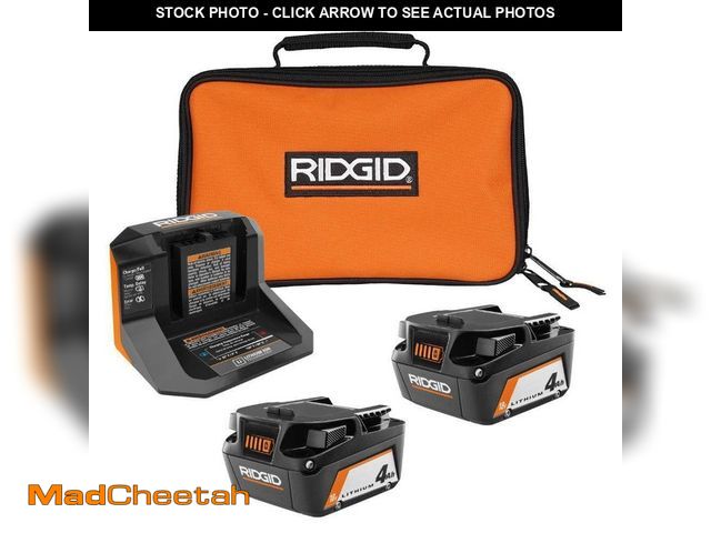 Lot 74-13767529 - RIDGID 18V Lithium-Ion (2) 4.0 Ah Battery Starter Kit with Charger and Bag - UNUSED