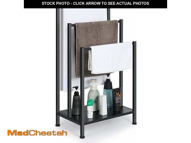 Lot 74-12326436 - Free Standing Blanket Ladder Holder Rack, 3 Tier Black Metal Towel Racks Stand with Wooden Storage S...