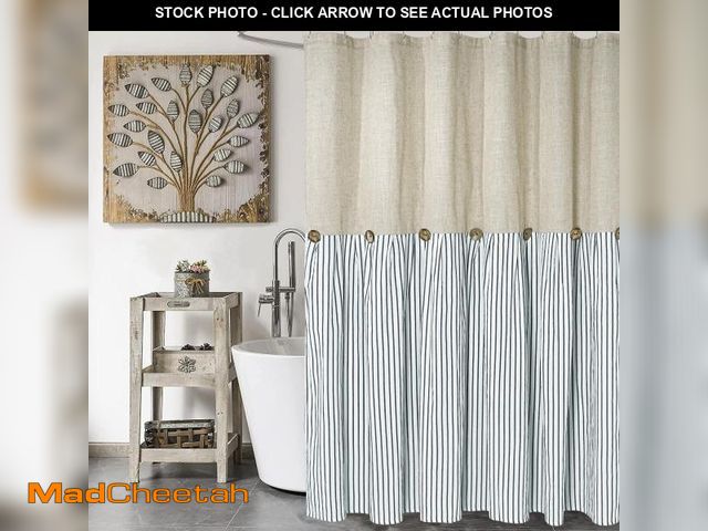 Lot 74-12325594 - DOSLY IDÃâ°ES Farmhouse Shower Curtain,Beige and Blue Stripe,Button Curtain,Linen and Cotton Woven...