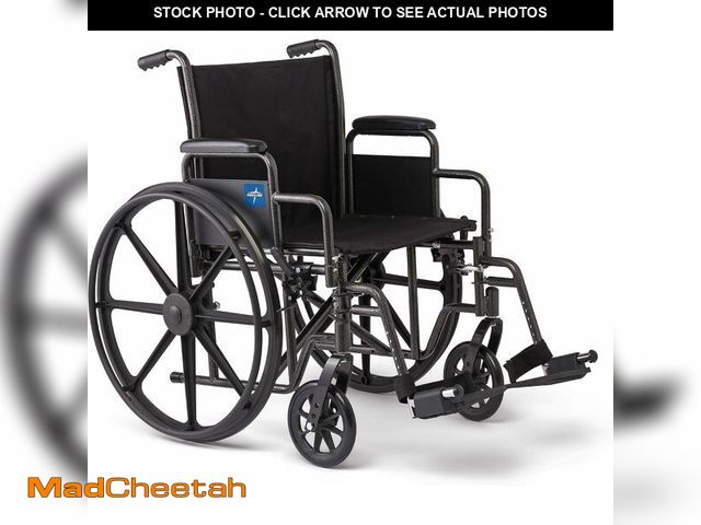 Lot 74-12555394 - Medline Comfortable Folding Wheelchair with Swing-Back Desk-Length Arms and Swing-Away Footrests, 20...