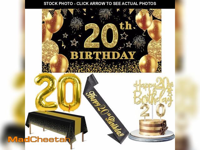 Lot 74-13946591 - 20th Birthday Decorations for Him Her with Banner, Black and Gold Table Cloth, Number Balloons, Larg...