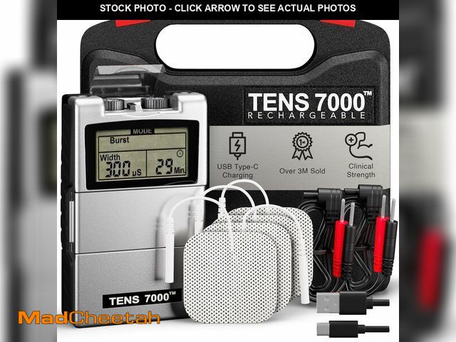 Lot 74-14153654 - TENS 7000 Rechargeable Tens Unit Muscle Stimulator, Back Pain Relief, 4 Electrodes/Unit Pads, Period...