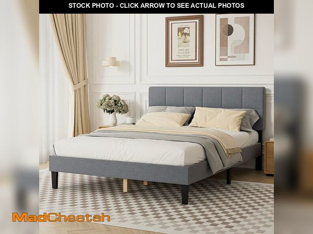 Lot 74-12569292 - (MISSING LEGS) Sweetcrispy Queen Size Bed Frame - Linen Upholstered Platform Bed with Headboard, No ...