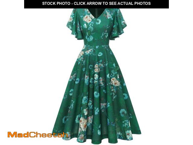 Lot 74-14295332 - Bridesmay Women Vintage Floral Cocktail Tea Party Dresses, Flared Sleeve Modest Aline Swing Church D...