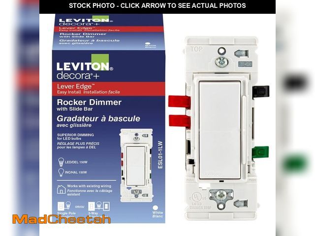 Lot 74-12554155 - Leviton Decora Lever Edge Rocker Slide Dimmer Switch for LED/INC Bulbs, 150 Watt, Single Pole or 3-W...