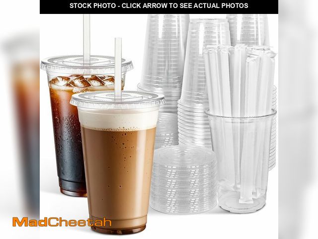 Lot 74-13991206 - Ginkgo 100 Pack - 16 oz Clear Plastic Cups with Lids and Straws, Leak-Proof &amp; Sturdy, Disposable...