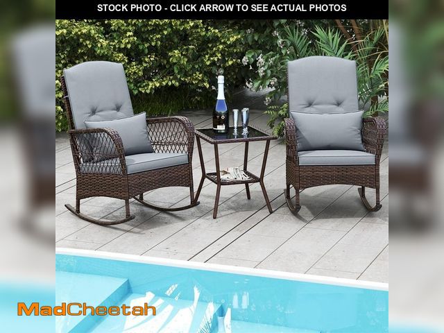 Lot 74-14311765 - HONEY JOY 3-Piece Wicker Outdoor Bistro Set Rocking Chairs with 2-Tier Coffee Table for Porch Garden...