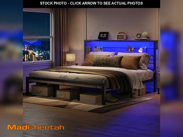 Lot 74-12420624 - Bestier King Size Bed Frame with 49.2  High LED Storage Headboard Shelf  Metal Platform Bed  Black -...
