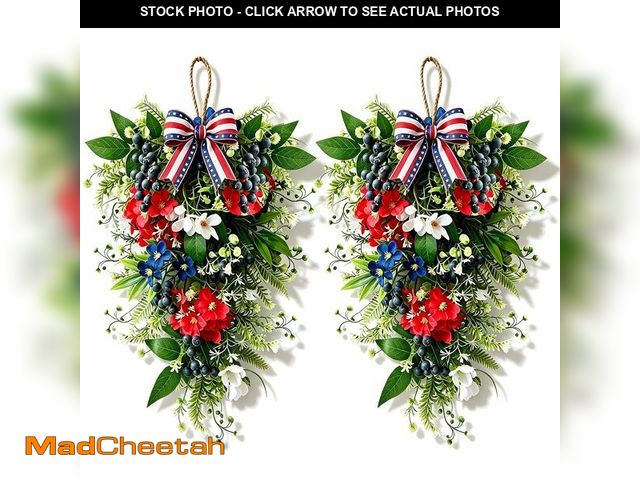 Lot 74-14263388 - 2 Pack 21'' Patriotic Teardrop Swag Wreaths Artificial 4th of July Hanging Swag for Cabinets Red Whi...