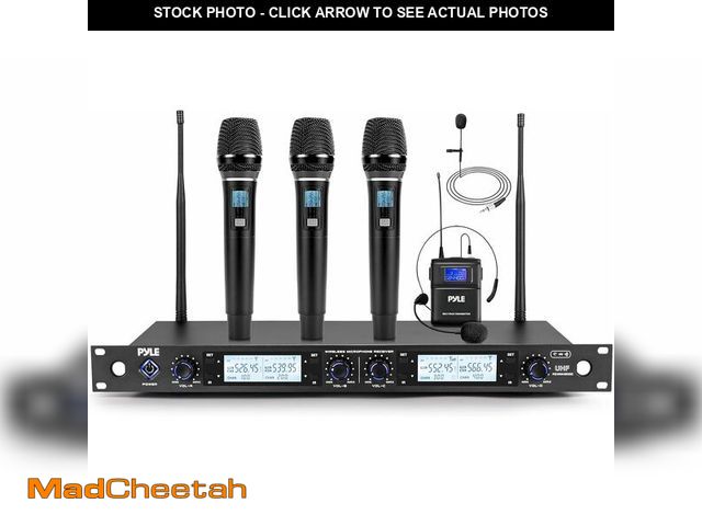 Lot 74-14591407 - Pyle 4 Channel UHF Wireless Microphone System with 3 Handheld Mics, Lavalier &amp; Headset Mic, 300 ...