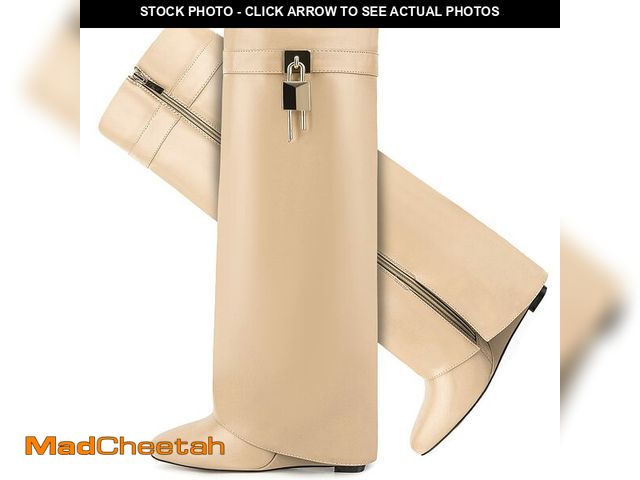 Lot 74-12970538 - CDHYX Fold Over Boots for Women Pointy Pull-on Wedge Heel Knee Shark Boot With Side Zipper Padlock D...