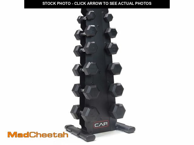 Lot 74-13090319 - CAP Barbell 210 LB Rubber Coated Hex Dumbbell Hand Weight Set with Vertical Black Rack | Chrome Hand...