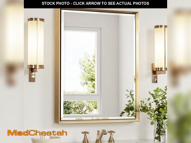 Lot 74-13769644 - QueenFun Gold Bathroom Mirror, 24x32 Brushed Gold Bathroom Mirror Beveled Edge, Gold Framed Rectangl...