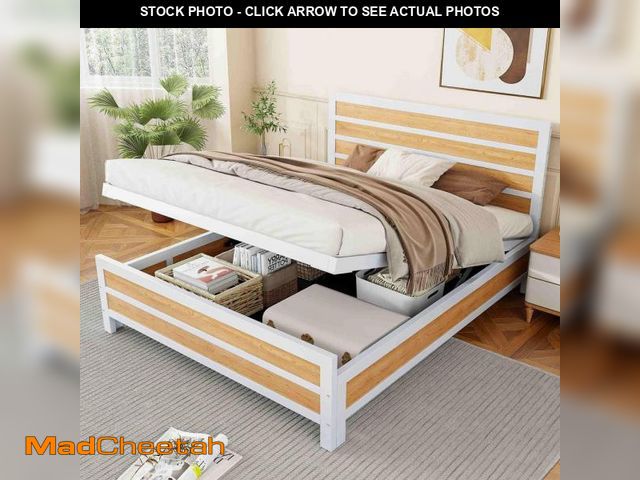 Lot 74-12173135 - Polibi White Metal Frame Queen Size Platform Bed with Underneath Storage - UNUSED