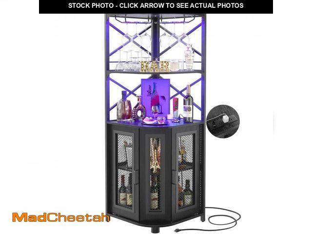Lot 74-12524879 - *SEE DETAILS* Aheaplus Corner Bar Cabinet with Power Outlet, Industrial Wine Cabinet with LED Strip ...