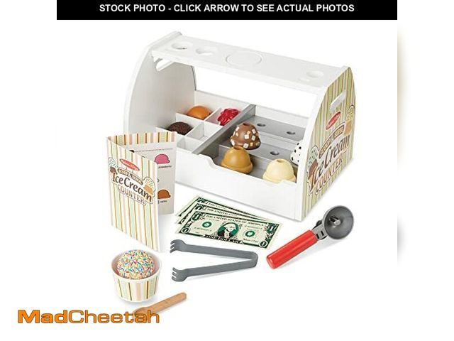 Lot 74-12664505 - Melissa &amp; Doug Wooden Scoop &amp; Serve Ice Cream Counter, Pretend Play Store, 28 Toy Food &amp;...