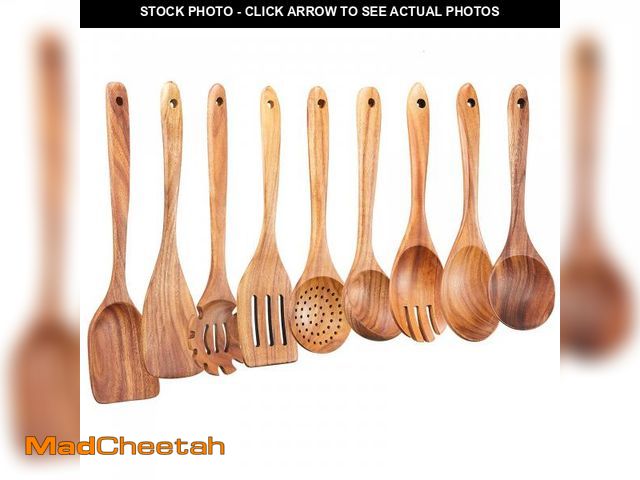 Lot 74-12315329 - Wooden Kitchen Utensils Set,GUDAMAYE 9 PCE Natural Teak Wooden Spoons For Non-stick Pan for Cooking ...