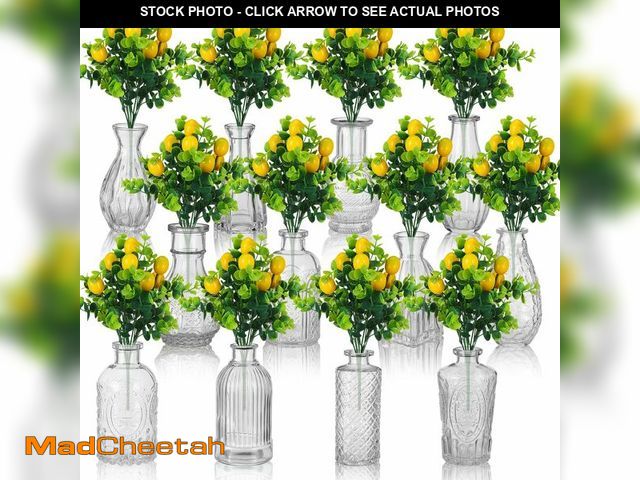 Lot 74-14060159 - Havawish 24 Pcs Artificial Lemon Branches with Glass Bud Vase Set 12 Yellow Faux Lemons 12 Mini Clea...