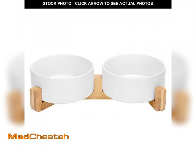 Lot 74-12313227 - SPUNKYJUNKY Ceramic Dog and Cat Bowl with Wood Stand Non-Slip Matte Glaze Weighted Food Water Set fo...