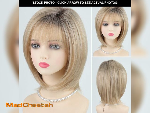 Lot 74-14338912 - RENERSHOW Layered Blonde Bob Wig with Bangs Short Hair Wigs for White Women Natural Ombre Blond Stra...