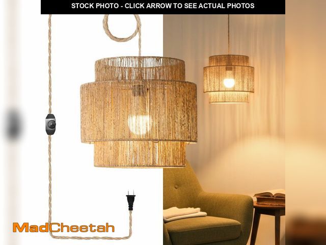 Lot 74-13567534 - Chi An Home 11.8" Boho Jute Plug in Pendant Light, Handwoven Natural Hanging Lamp Plug in with Dimma...