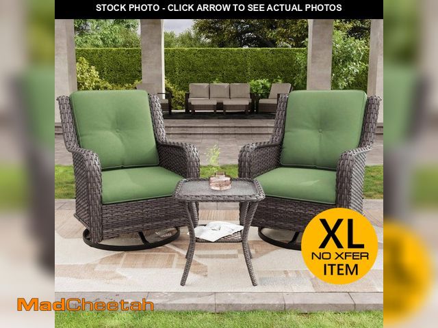 Lot 74-13778611 - 3-Piece Wicker Patio Swivel Outdoor Rocking Chair Set with Green Cushions and Table - UNUSED