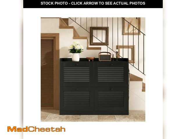 Lot 74-13654554 - GarveeLife Large Rattan Shoe Cabinet with 4 Flip Drawers Narrow Freestanding Shoe Organizer with Woo...