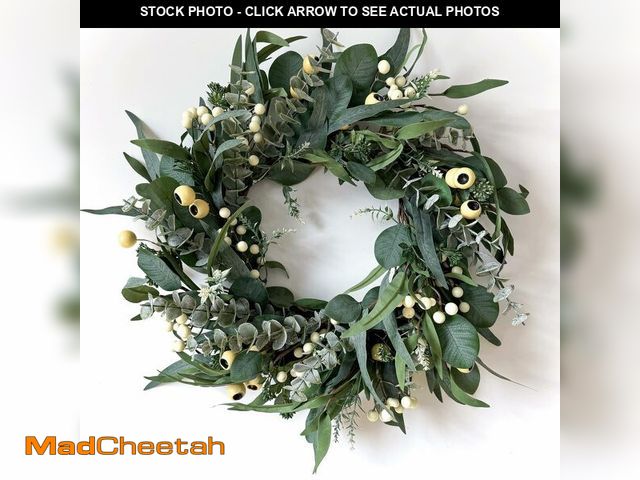 Lot 74-14427263 - HomeKaren Wreaths for Front Door 22 Inch, All Season Greenery Wreath Olive Eucalyptus Leaves and Whi...